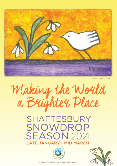 Shaftesbury Snowdrops 2021: artwork copyright Percy Lizzard; poster design Liz Martin